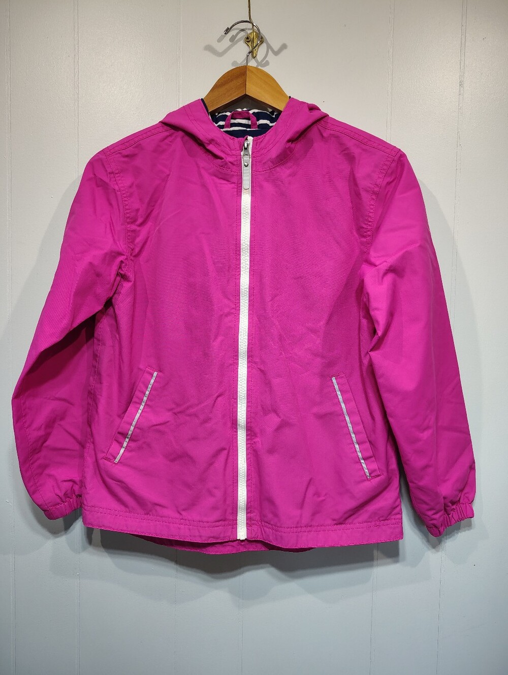 Hanna Andersson Pink Hooded Rain Jacket Windbreaker Navy Stripe Lined US 12 150c